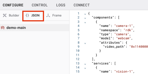 JSON subtab of the CONFIGURE tab